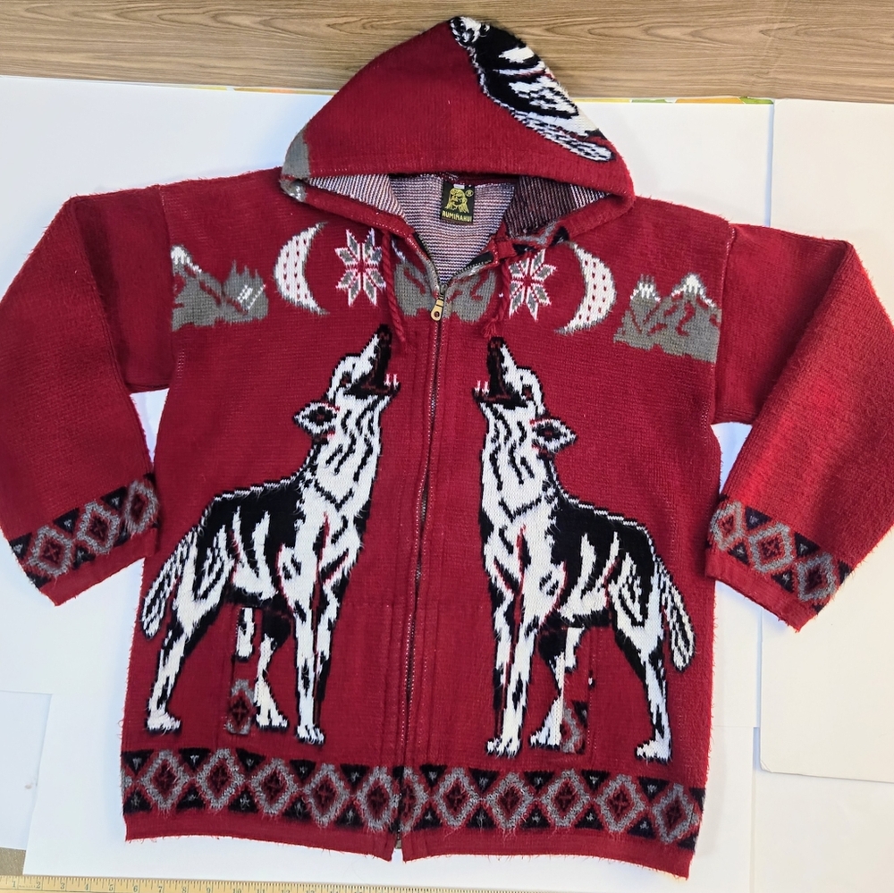 RUMINAHUI Wolf Howling Mens Wool Zip Up Vintage Hooded Jacket Red XL